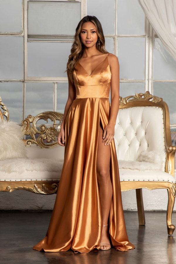 Long Shiny Satin V-Neck Dress by Elizabeth K GL1991