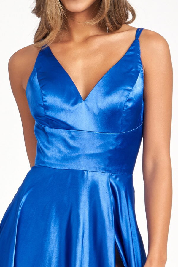 Long Shiny Satin V-Neck Dress by Elizabeth K GL1991