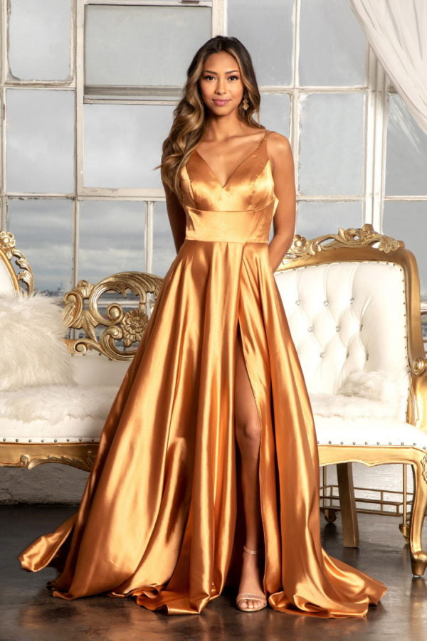 Long Shiny Satin V-Neck Dress by Elizabeth K GL1991