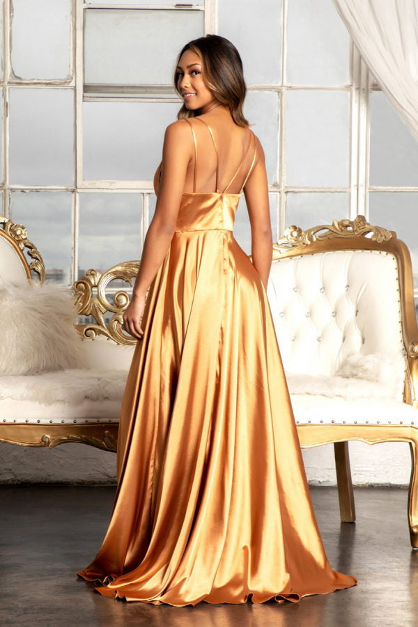 Long Shiny Satin V-Neck Dress by Elizabeth K GL1991