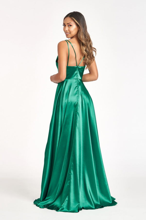 Long Shiny Satin V-Neck Dress by Elizabeth K GL1991