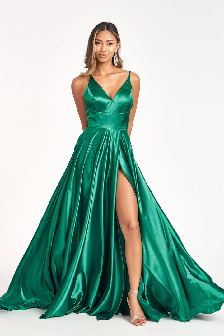 Long Shiny Satin V-Neck Dress by Elizabeth K GL1991