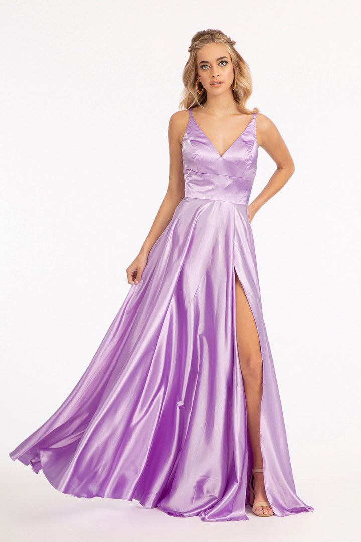 Long Shiny Satin V-Neck Dress by Elizabeth K GL1991