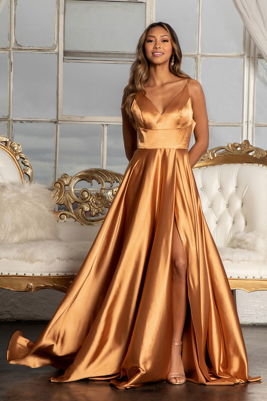 Long Shiny Satin V-Neck Dress by Elizabeth K GL1991