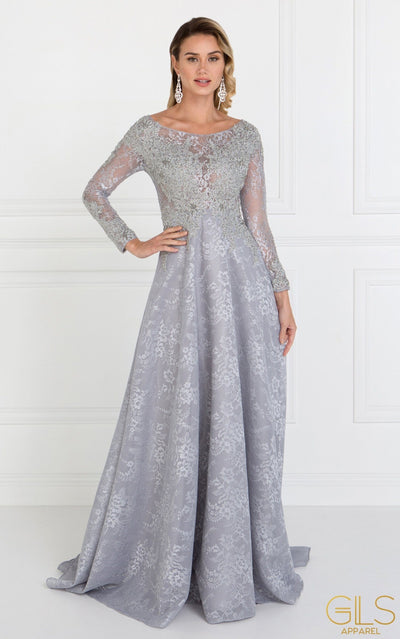 Long Silver Lace Dress with Lace Sleeves by Elizabeth K GL1537-Long Formal Dresses-ABC Fashion