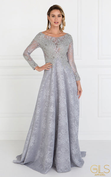 detached sleeve dress グレー　S long-silver-lace-dress-with-