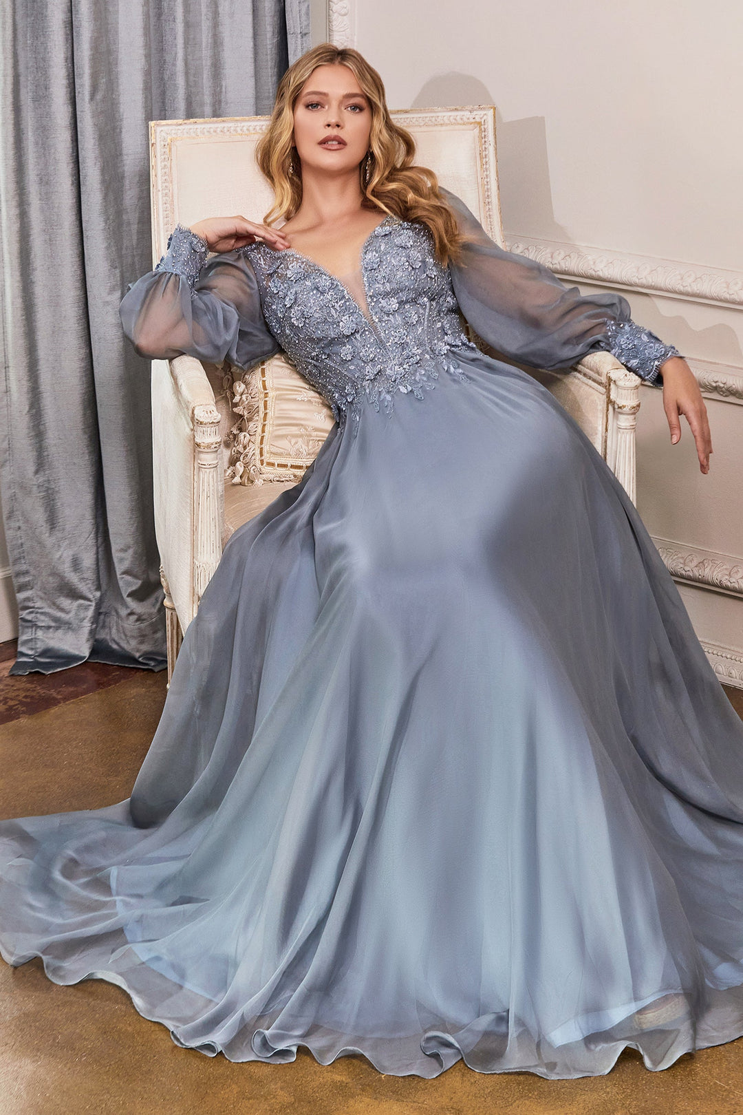 Long Sleeve Chiffon Gown by Cinderella Divine CD0183