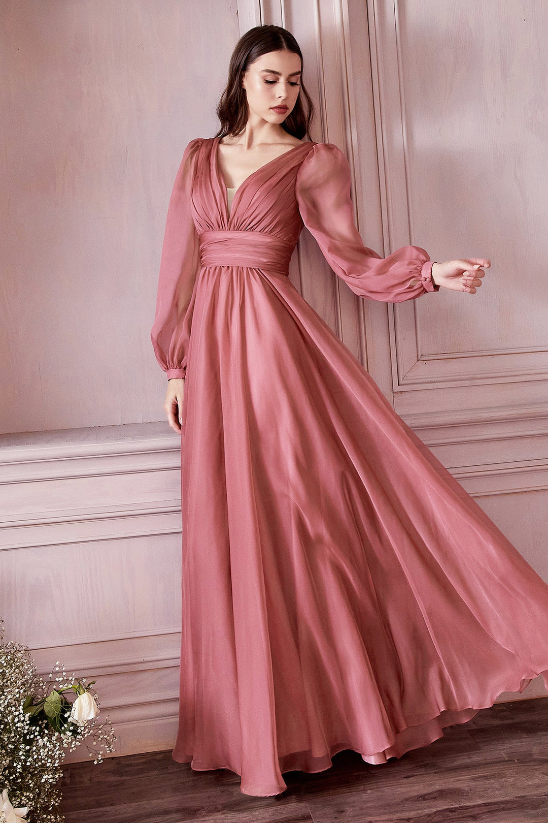 Long Sleeve Chiffon Gown by Cinderella Divine CD0192