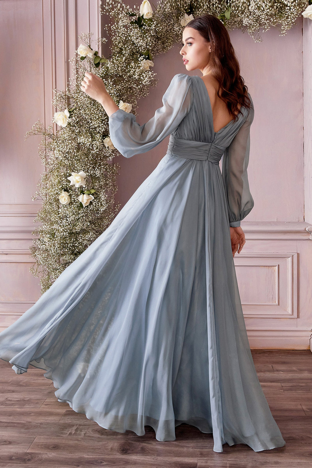 long sleeve long chiffon dress Pink Floral Chiffon Maxi Dress: Long Sleeve Evening Gown