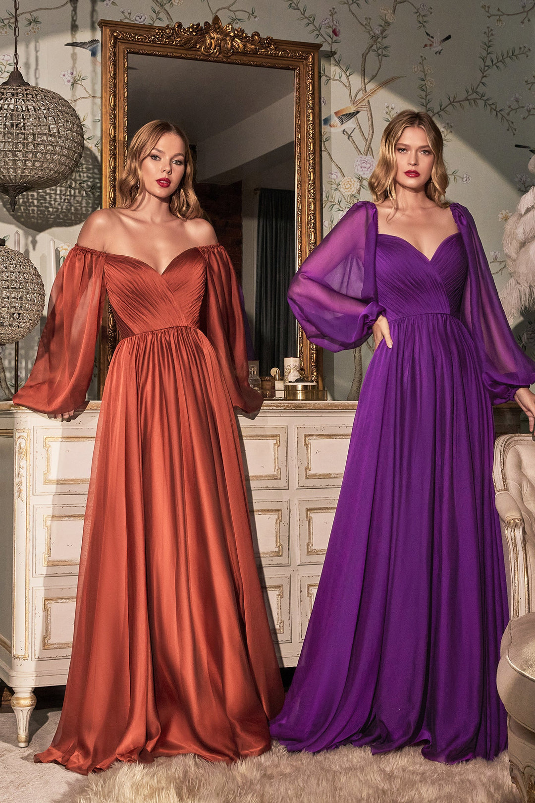 Long Sleeve Chiffon Gown by Cinderella Divine CD243 Long Sleeve Chiffon Gown by Cinderella Divine CD243