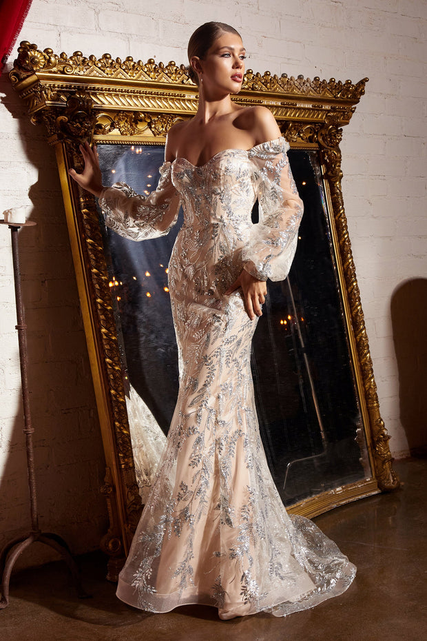 Long Sleeve Glitter Print Gown by Cinderella Divine J816
