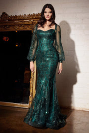 Long Sleeve Glitter Print Gown by Cinderella Divine J816 - Outlet