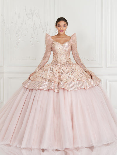Long Sleeve Glitter Quinceanera Dress by LA Glitter 24080