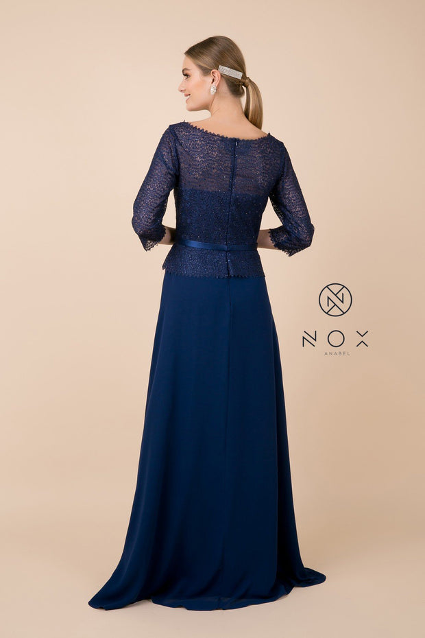Long-Sleeve Gown with Beaded Lace Bodice by Nox Anabel M520-Long Formal Dresses-ABC Fashion