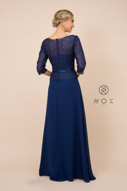 Long-Sleeve Gown with Beaded Lace Bodice by Nox Anabel M520