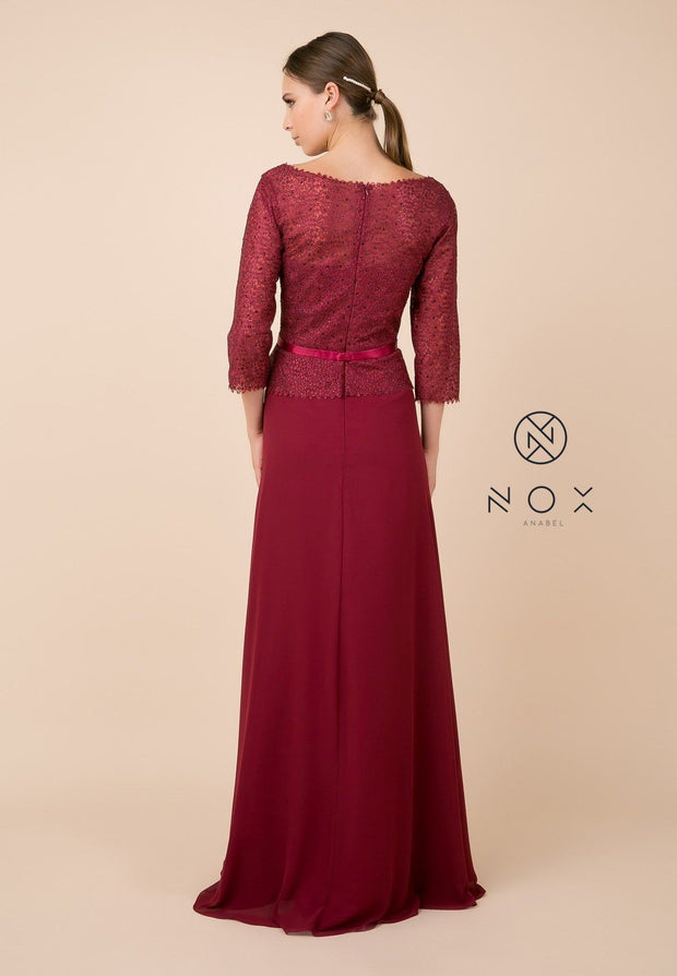 Long-Sleeve Gown with Beaded Lace Bodice by Nox Anabel M520-Long Formal Dresses-ABC Fashion