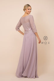 Long-Sleeve Gown with Beaded Lace Bodice by Nox Anabel M520