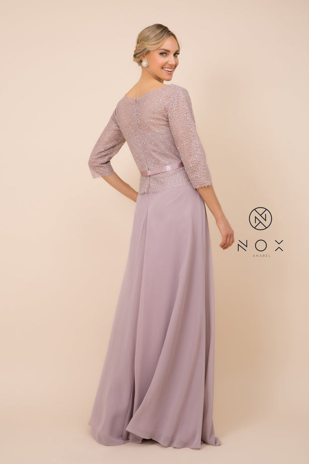 Long-Sleeve Gown with Beaded Lace Bodice by Nox Anabel M520