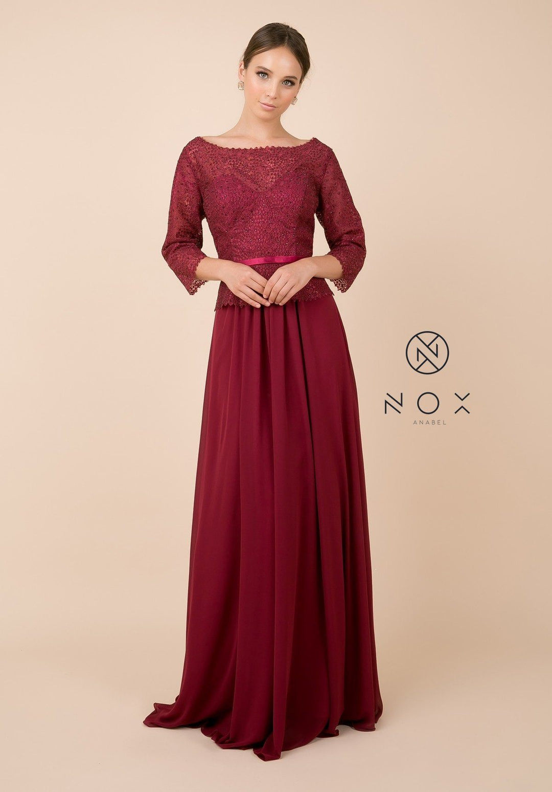Long-Sleeve Gown with Beaded Lace Bodice by Nox Anabel M520-Long Formal Dresses-ABC Fashion