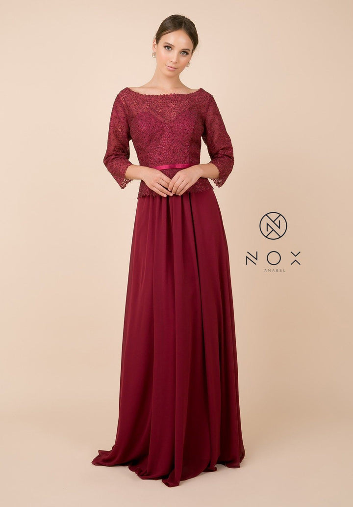 Long-Sleeve Gown with Beaded Lace Bodice by Nox Anabel M520-Long Formal Dresses-ABC Fashion
