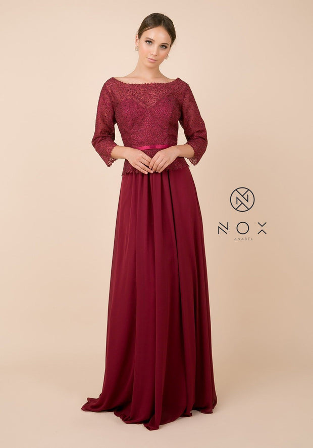 Long-Sleeve Gown with Beaded Lace Bodice by Nox Anabel M520-Long Formal Dresses-ABC Fashion