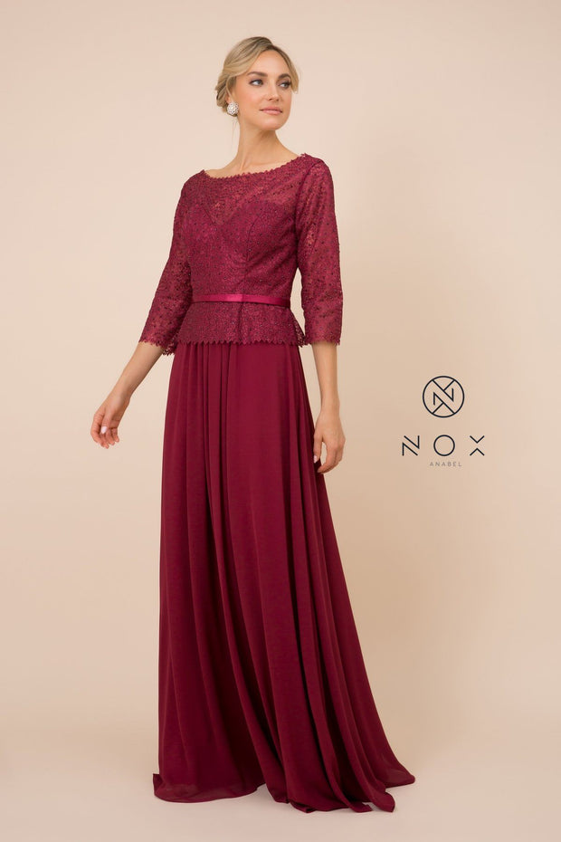 Long-Sleeve Gown with Beaded Lace Bodice by Nox Anabel M520