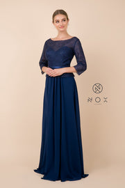Long-Sleeve Gown with Beaded Lace Bodice by Nox Anabel M520-Long Formal Dresses-ABC Fashion