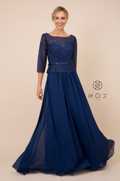 Long-Sleeve Gown with Beaded Lace Bodice by Nox Anabel M520