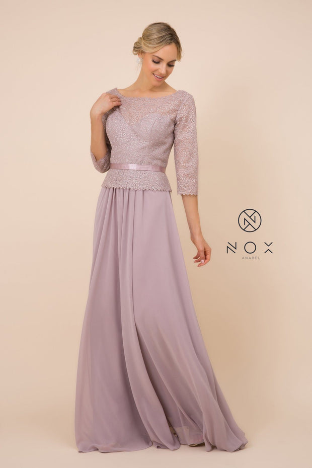 Long-Sleeve Gown with Beaded Lace Bodice by Nox Anabel M520