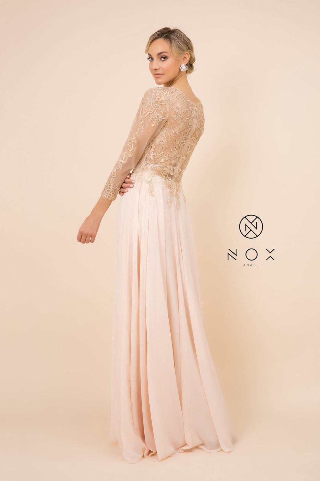 Long-Sleeve Gown with Embroidered Bodice by Nox Anabel H529