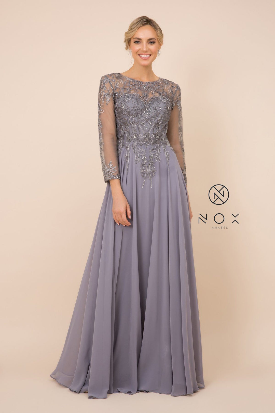 Long-Sleeve Gown with Embroidered Bodice by Nox Anabel H529