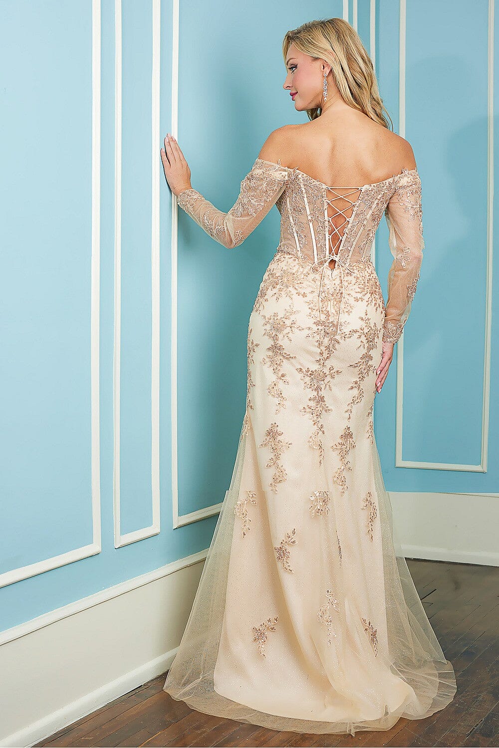 Long Sleeve Off Shoulder Corset Gown by Adora 3079