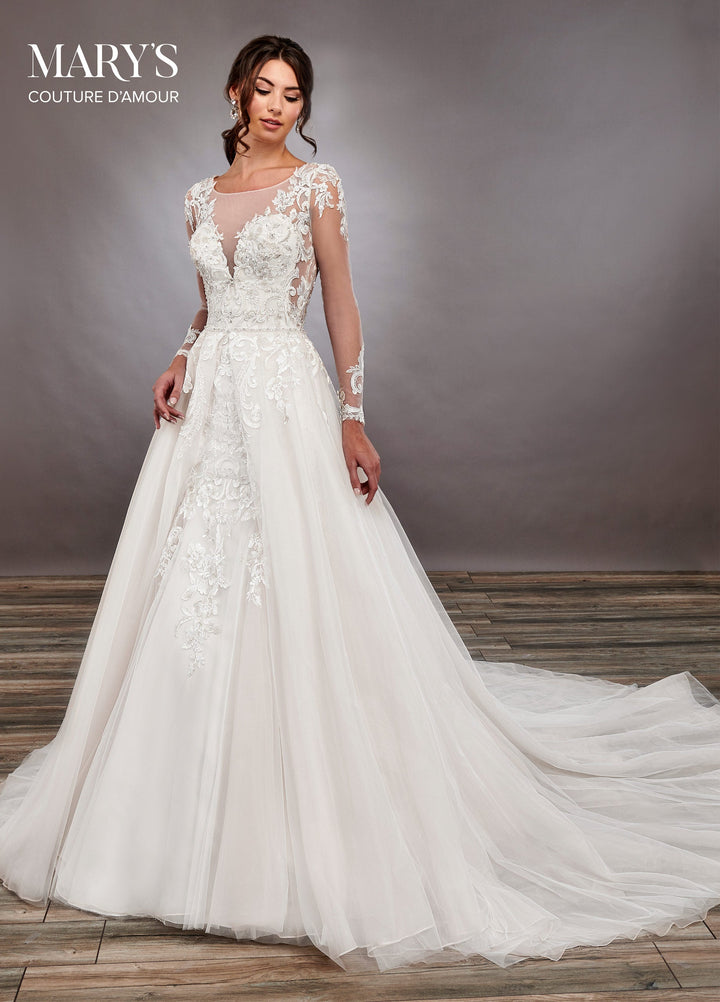 Long Sleeve Overskirt Wedding Gown by Mary's Bridal MB4081