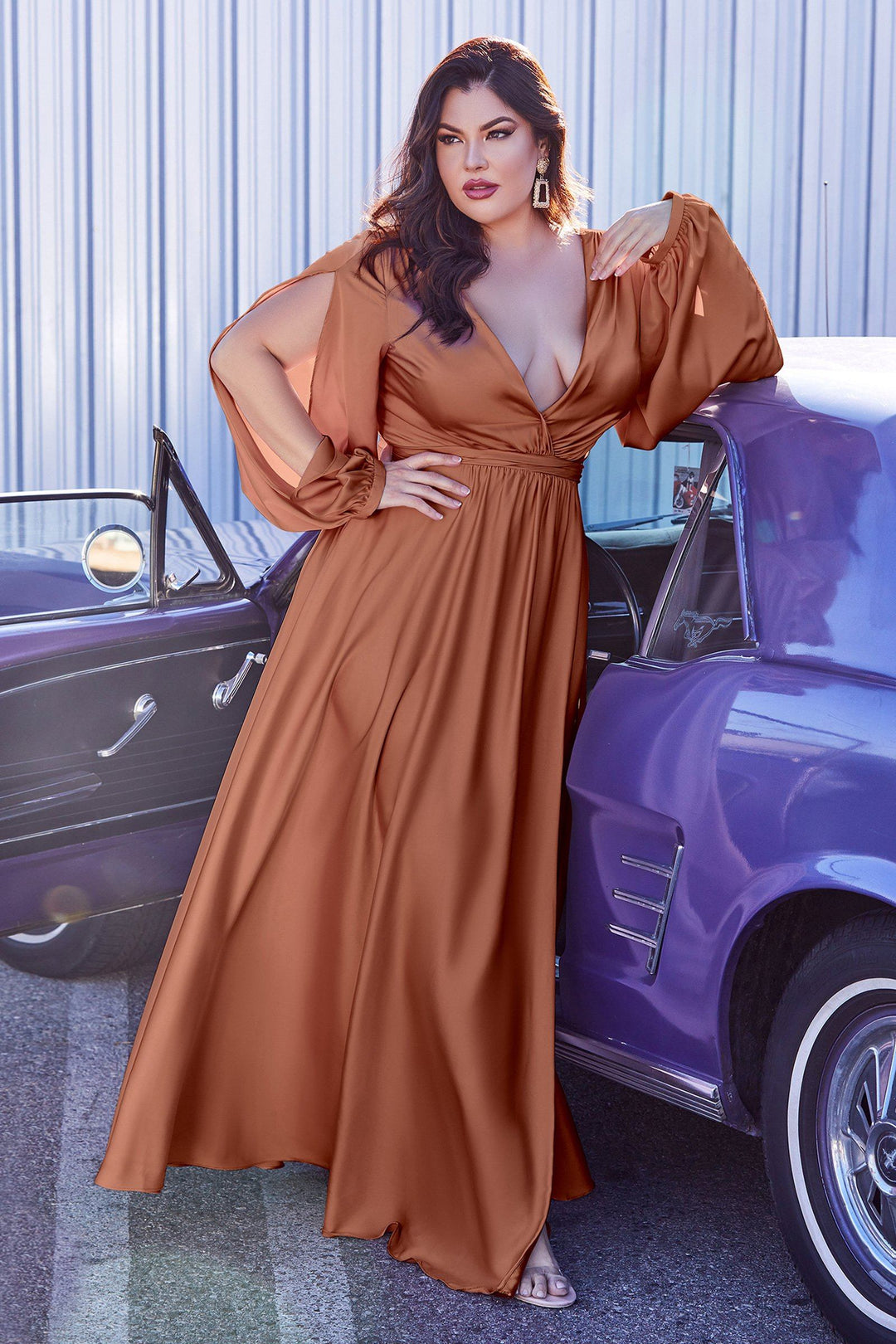 Long Sleeve Satin Gown by Cinderella Divine 7475