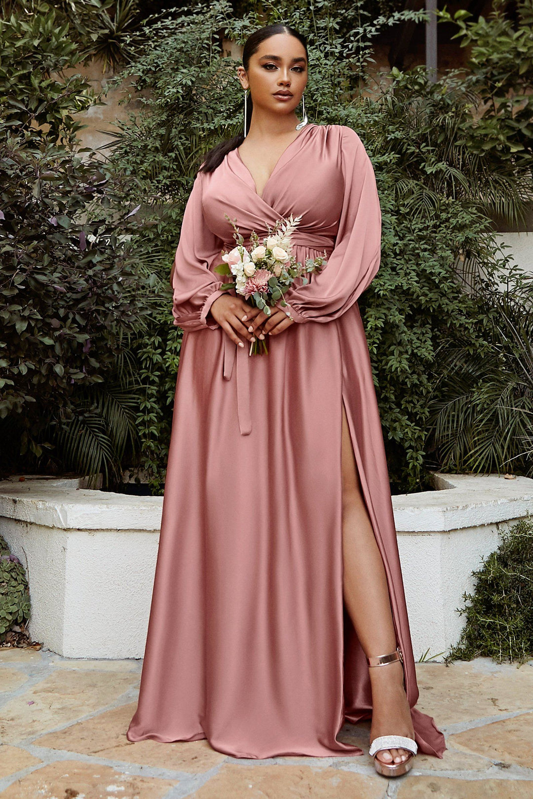 Long Sleeve Satin Gown by Cinderella Divine 7475