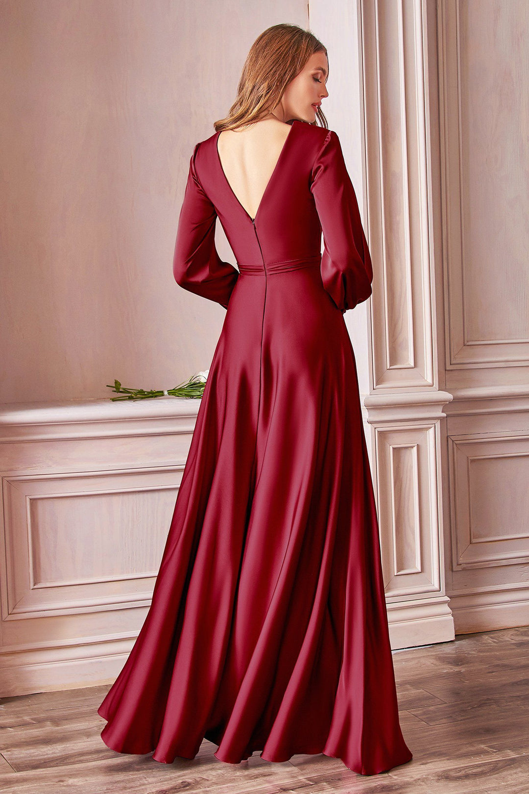 Long Sleeve Satin Gown by Cinderella Divine 7475