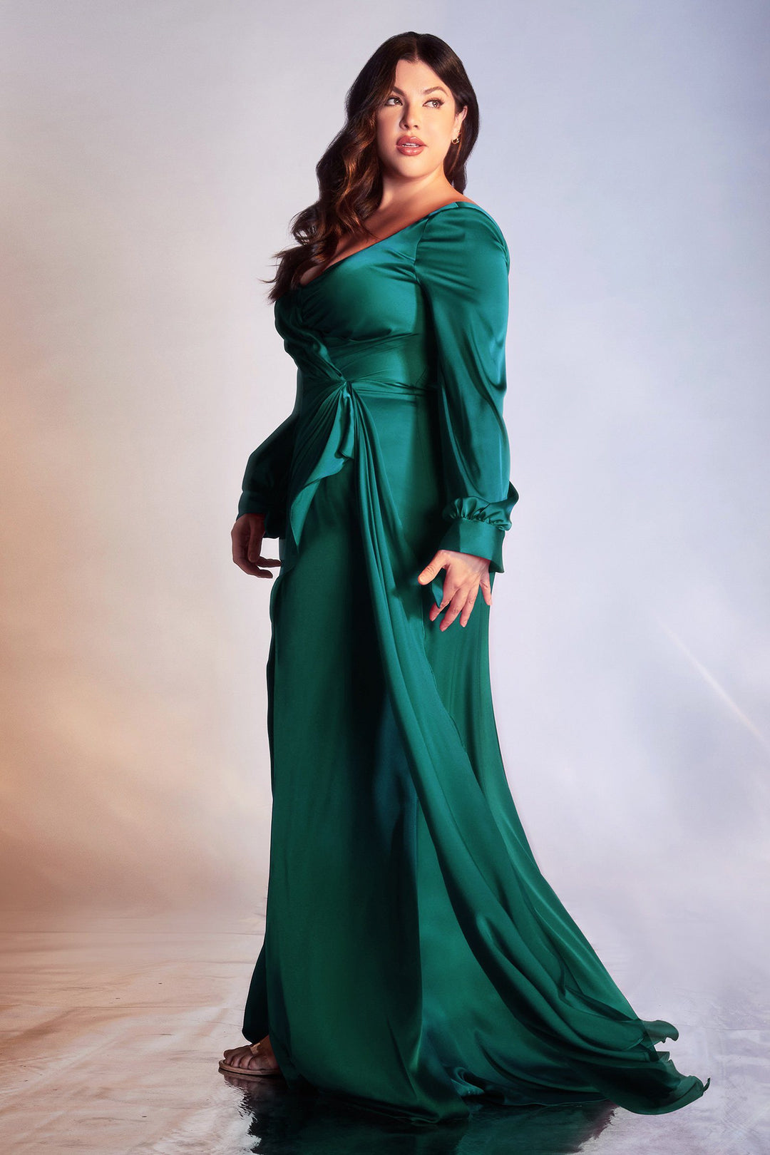 Long Sleeve Satin Gown by Cinderella Divine 7478