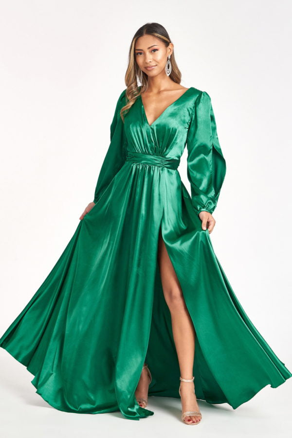 Long Sleeve Shiny Satin Gown by Elizabeth K GL1990