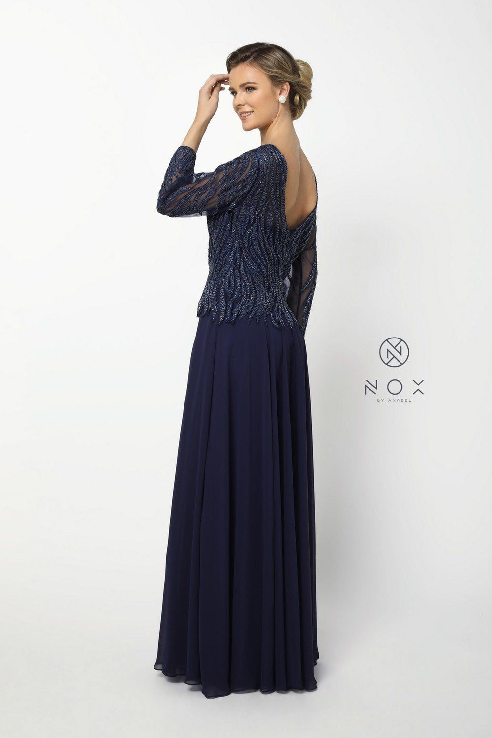 Long-Sleeved Gown with Beaded Bodice by Nox Anabel Q509-Long Formal Dresses-ABC Fashion