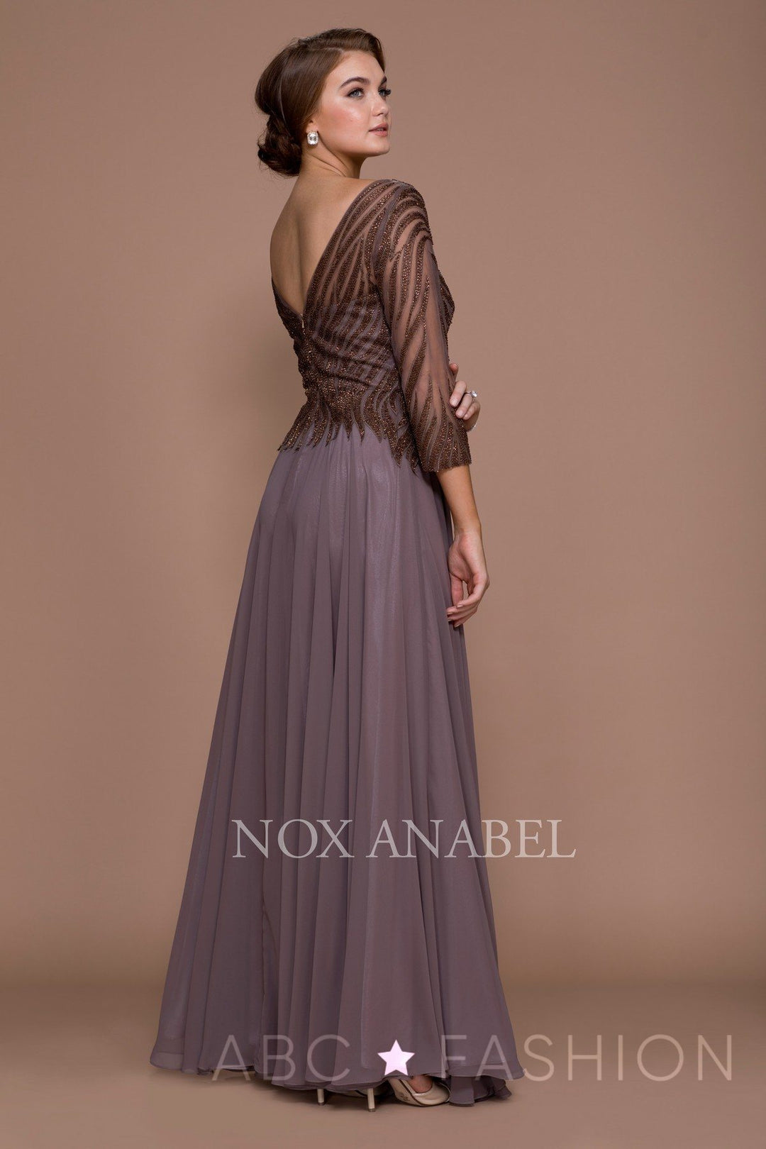 Long-Sleeved Gown with Beaded Bodice by Nox Anabel Q509-Long Formal Dresses-ABC Fashion