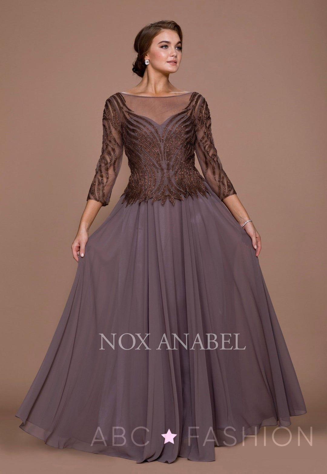 Long-Sleeved Gown with Beaded Bodice by Nox Anabel Q509-Long Formal Dresses-ABC Fashion