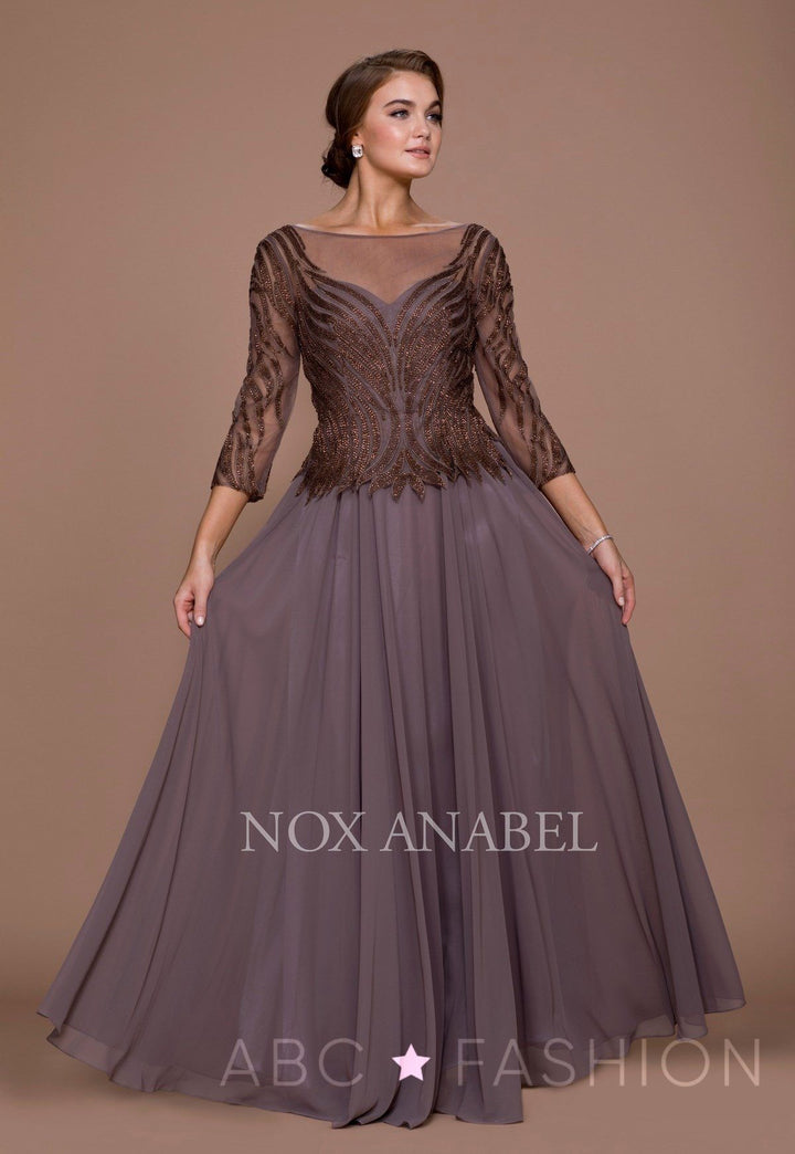 Long-Sleeved Gown with Beaded Bodice by Nox Anabel Q509-Long Formal Dresses-ABC Fashion