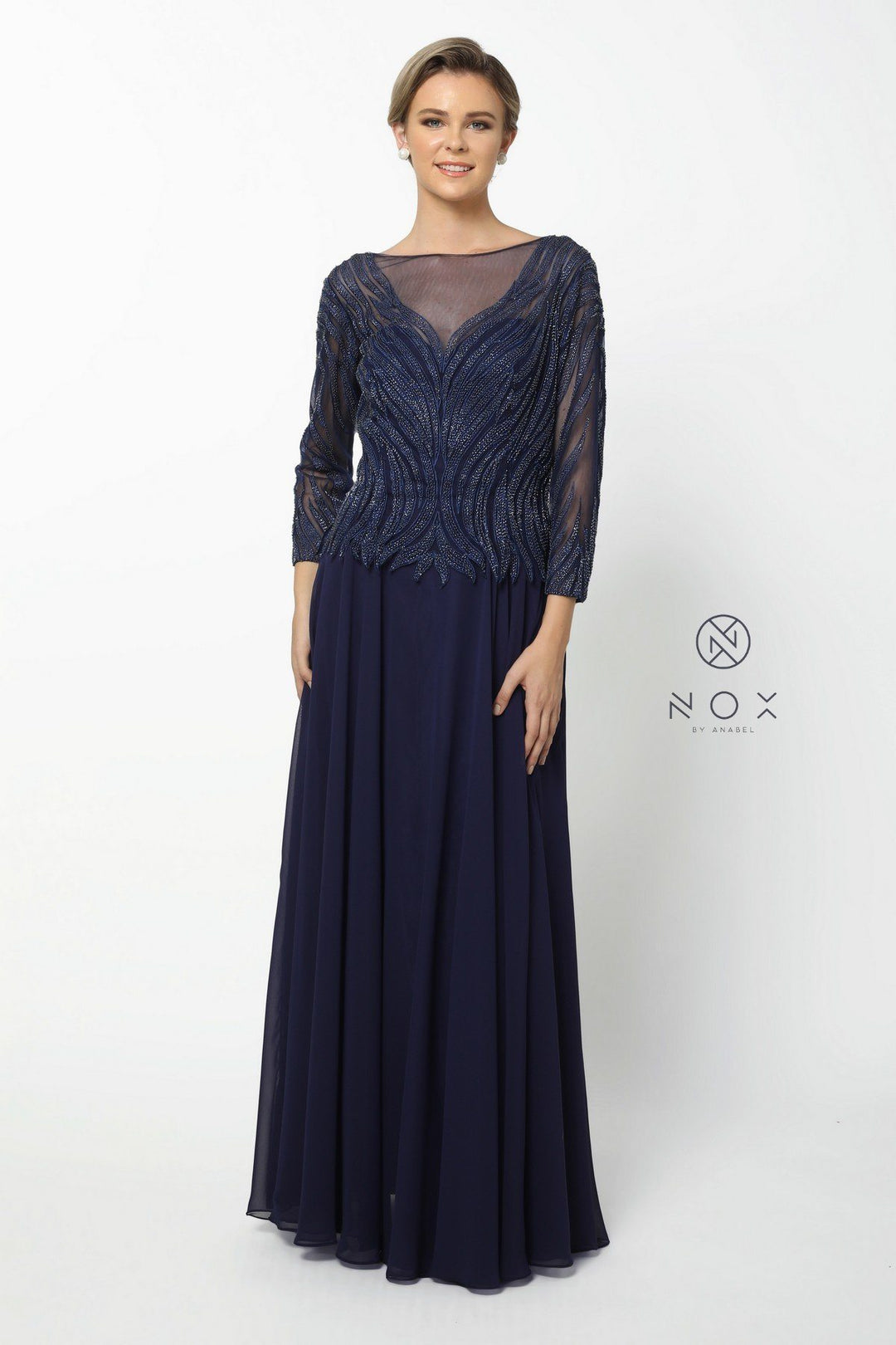 Long-Sleeved Gown with Beaded Bodice by Nox Anabel Q509-Long Formal Dresses-ABC Fashion