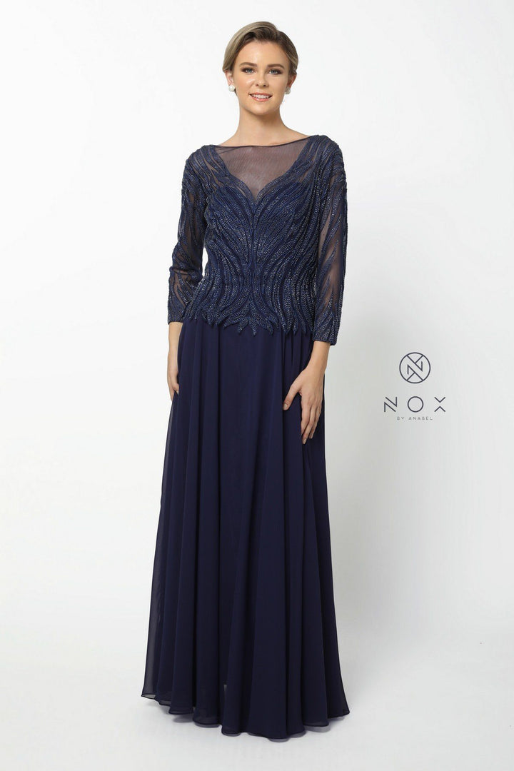 Long-Sleeved Gown with Beaded Bodice by Nox Anabel Q509-Long Formal Dresses-ABC Fashion