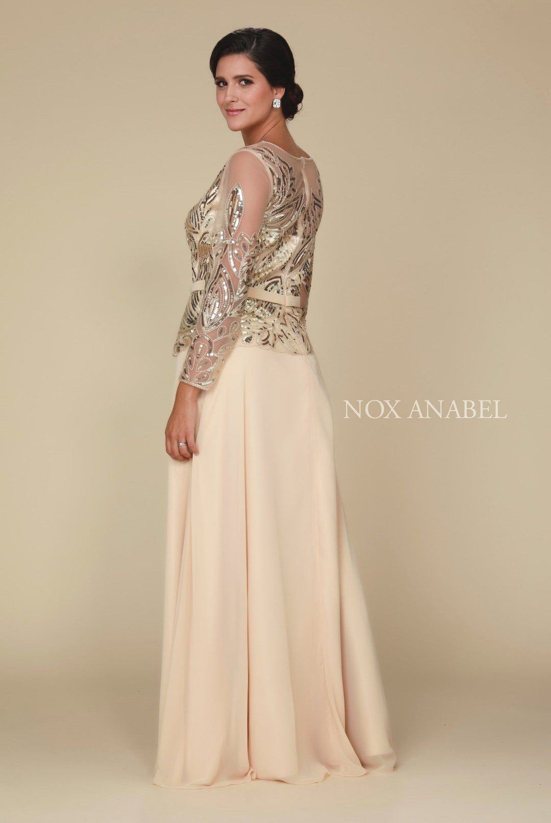 Long-Sleeved Gown with Sequned Bodice by Nox Anabel Q506-Long Formal Dresses-ABC Fashion