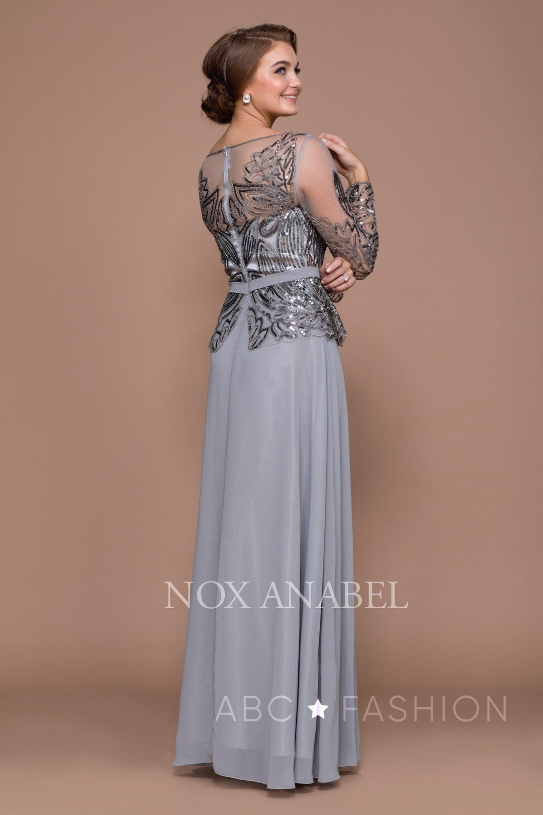 Long-Sleeved Gown with Sequned Bodice by Nox Anabel Q506-Long Formal Dresses-ABC Fashion