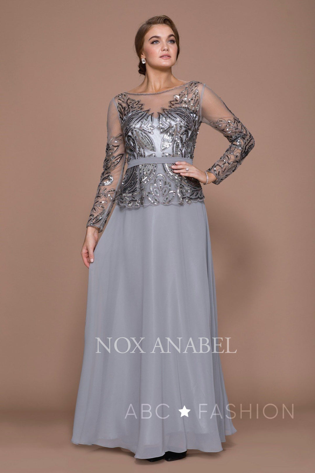 Long-Sleeved Gown with Sequned Bodice by Nox Anabel Q506-Long Formal Dresses-ABC Fashion
