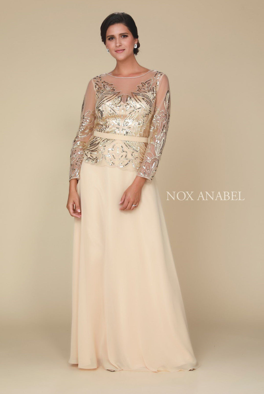 Long-Sleeved Gown with Sequned Bodice by Nox Anabel Q506-Long Formal Dresses-ABC Fashion