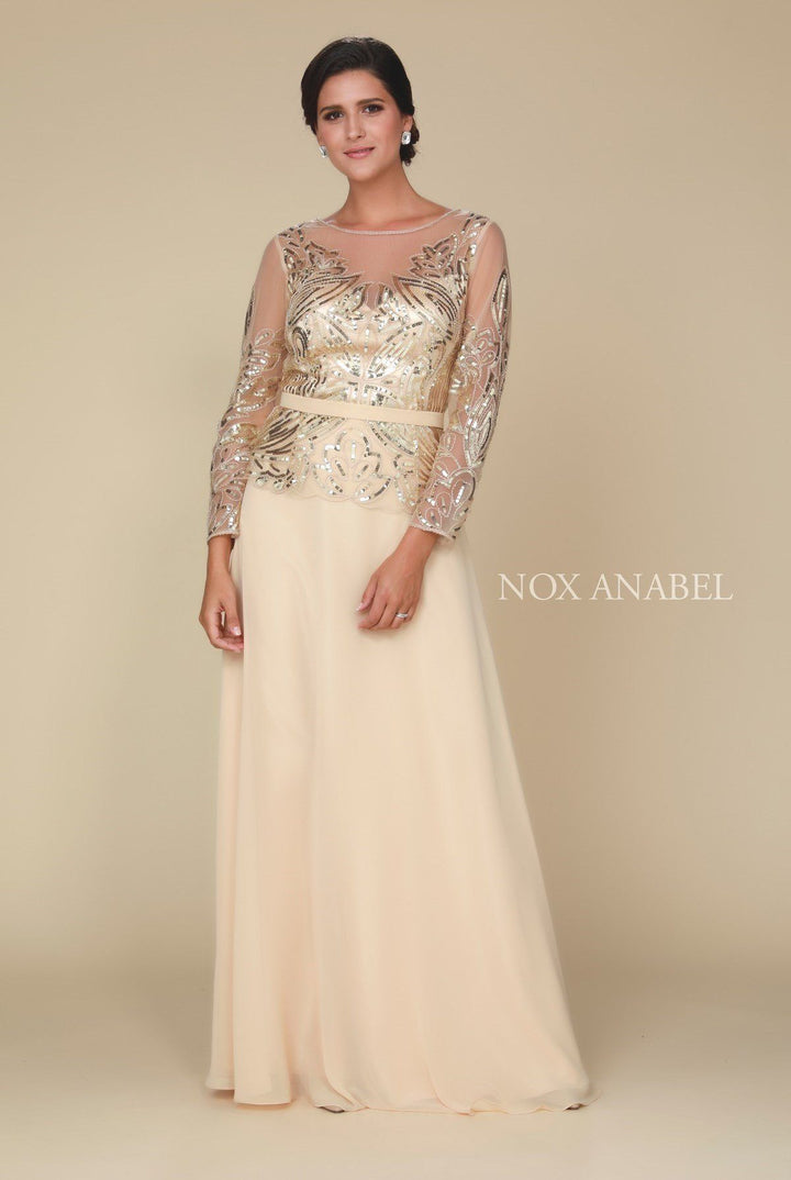 Long-Sleeved Gown with Sequned Bodice by Nox Anabel Q506-Long Formal Dresses-ABC Fashion