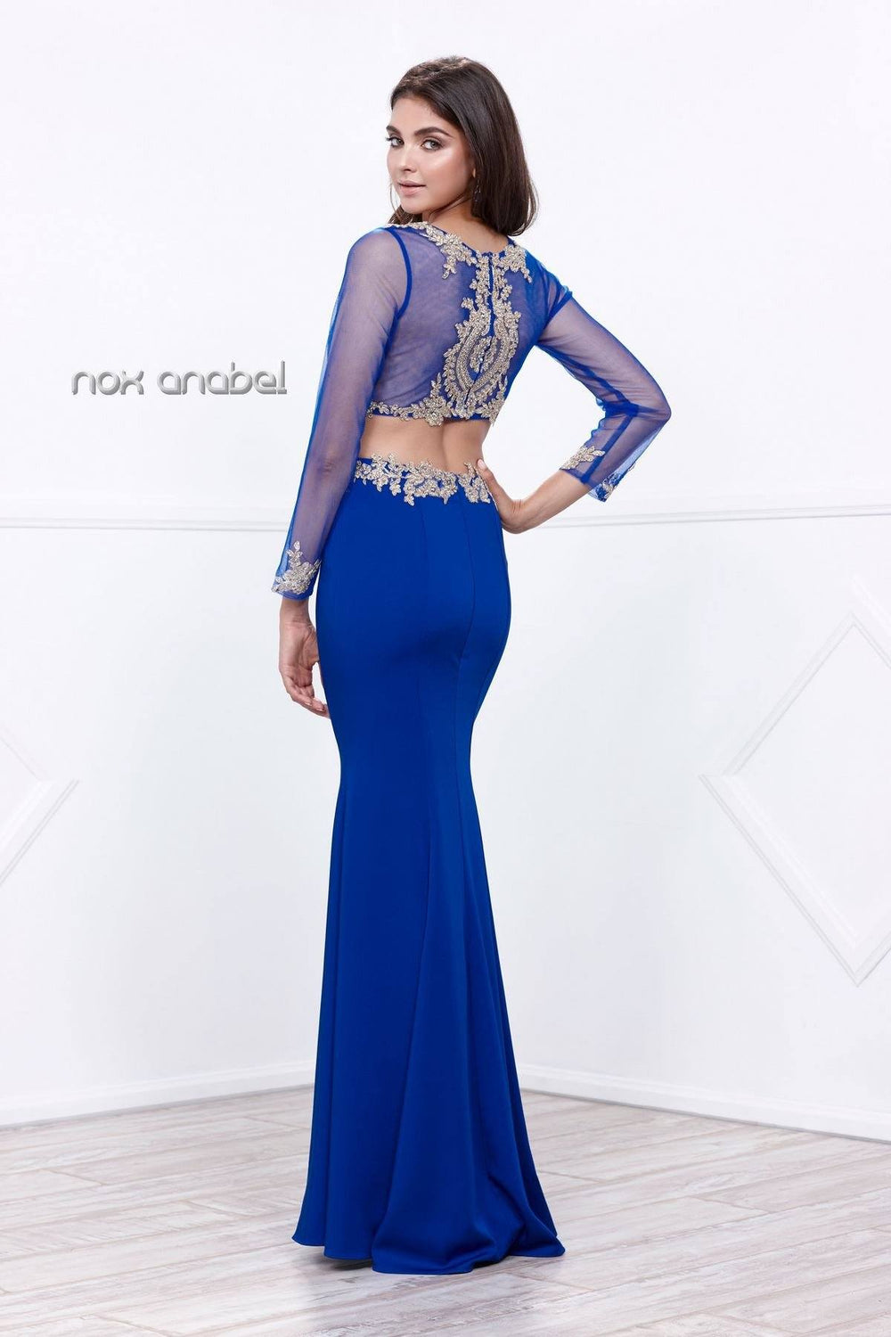 Long Sleeved Two-Piece Crop Top Dress by Nox Anabel 8368-Long Formal Dresses-ABC Fashion